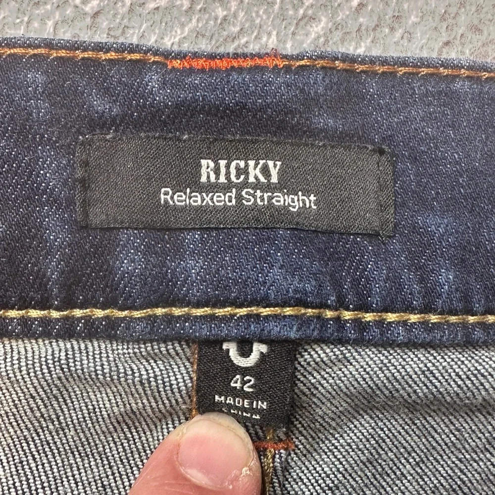 True Religion Jeans Mens 42 Blue Ricky Relaxed Straight Dark Wash Stretch Denim
